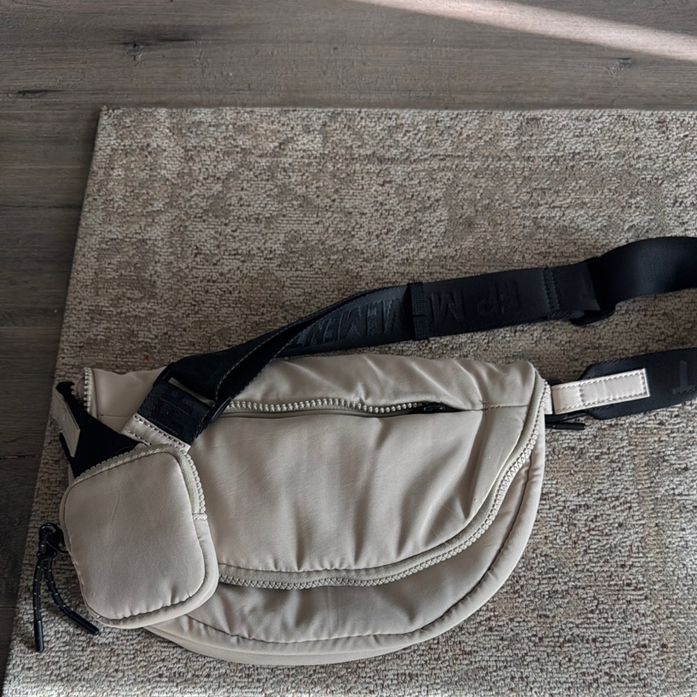 Free People Cream Crossbody Belt Bag with Black Strap